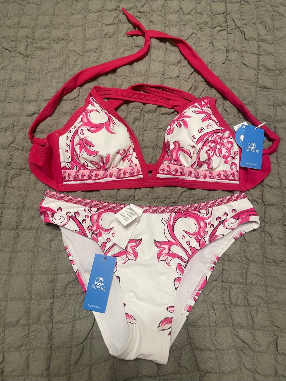 Cupshe Hot Pink & White Swirl Halter Bikini Set